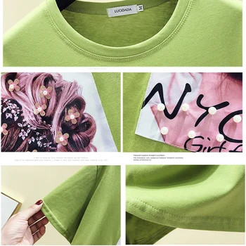 Mados Medvilnės marškinėliai Moterims Topai Korėja stiliaus Trumpas rankovėmis Zawalcowany spausdinti Marškinėlius Moterų 2020 M O-kaklo marškinėliai, laisvalaikio drabužiai