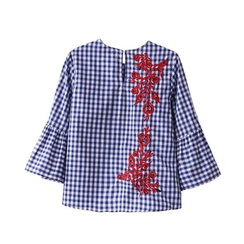 Mada Moterims Gėlių Siuvinėjimas Palaidinės Blyksnius Rankovėmis Pledas Marškiniai Atsitiktinis Viršūnes Chemise Femme Blusas S1015