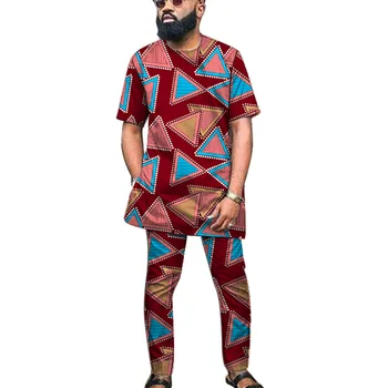 Afrikos spausdinti drabužiai vyrams marškinėliai+ziajać rinkiniai trumpomis rankovėmis viršūnes su kelnės Ankara komplektus tradicinės konstrukcijos Afrikos grrom kostiumai