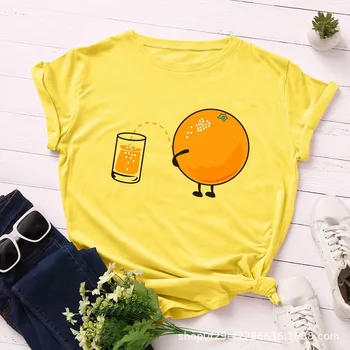 Moterų marškinėliai Vasaros trumpomis Rankovėmis Medvilnės Plius Dydis S-5XL Juokinga Orange Spausdinti Paprastas Atsitiktinis Negabaritinių O Kaklo Moterų Marškinėlius Tees Viršų