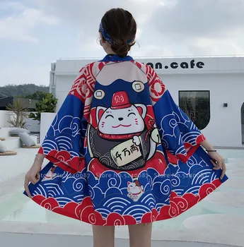 Moterų Tradicinės Kinų Retro Palto, Striukės Japonų Samurajus Harajuku Stilius Spausdinti Kimono Skraiste Haori Cardigan Hip-Hop Streetwear