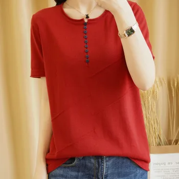 2020 moteriški megztiniai megztinis apvalios kaklo vientisos spalvos trumpomis rankovėmis T-shirt raudona