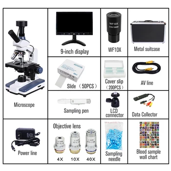 Juodas fonas HD Skaitmeninis biologinių Laboratorijoje Mikroskopu led šviesos +9 colių LCD + 5MP elektroninių okuliaro + USB Duomenų eilutė+Metalinė dėžutė