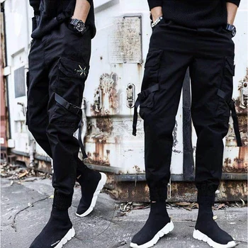2019 NAUJAS Streetwear Juostelės Atsitiktinis SweatPants Juoda Slim Mens Poilsiu Kelnes Šoninės kišenės Medvilnės Kamufliažas Vyrų Kelnių