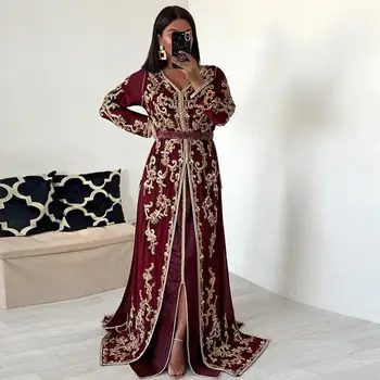 Maroko Caftan Vakaro Suknelės Karoliukų, Rankų Darbo Musulmonų bordo aukso išsamiai arabų Abaja promenadzie Suknelė chalatas de soiree