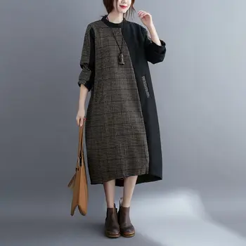 Korėjos Pledas Susiuvimo Medvilnės Suknelė Moterų 2020 M. Rudens ir Žiemos Atsitiktinis Šiltas Prarasti Laukinių Didelio Dydžio Suknelė Nereguliarus Rūbeliai k1272
