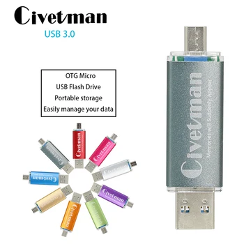 Civetman USB 3.0 Flash Drive, Metalo OTG, Skirta 