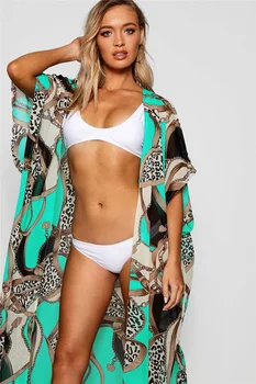 Fitshinling Bohemijos vasaros bikini paplūdimio cover up maudymosi kostiumėliai atostogų didelis dydis spausdinti ilgas megztinis kimono žalia seksualus cover-up sexy