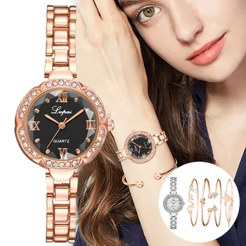5vnt moterų laikrodžiai prabangos prekės ponios žiūrėti kvarcas laikrodžio apyrankė žiūrėti ženevos mados aukso kristalų laikrodžių, Apyrankių rinkinys