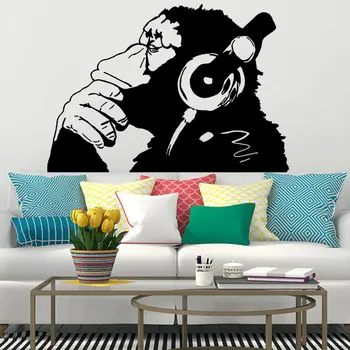 Banksy Vinilo Sienos Lipdukas Beždžionė Su Ausinėmis / Vienos Spalvos Šimpanzė Klausytis Muzikos per Ausines / Gatvės Grafiti Lipdukas WL149