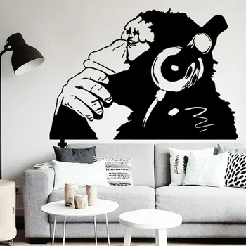 Banksy Vinilo Sienos Lipdukas Beždžionė Su Ausinėmis / Vienos Spalvos Šimpanzė Klausytis Muzikos per Ausines / Gatvės Grafiti Lipdukas WL149