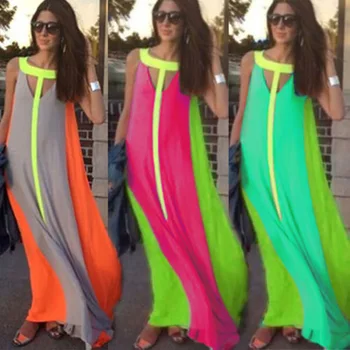 Nauja Vasaros Ilga Suknelė Moterims Šifono Susiuvimo Apynasrio O Kaklo, Rankovių Vertikaliai Dryžuotas Paplūdimio Bohemijos Grindų Ilgis Suknelės