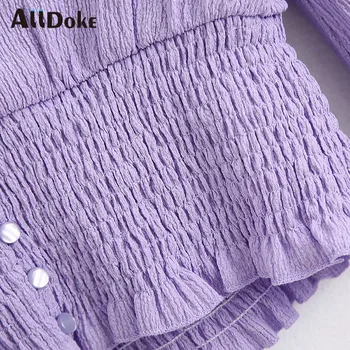 ALLDOKE violetinė mygtuką atsitiktinis palaidinė moterims vasarą v-kaklo, ilgomis rankovėmis apkarpyti viršūnes marškinėliai femme biuro panele seksuali palaidinės blusas mujer