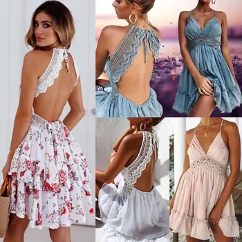Moterys, Vasaros Gėlių Nėrinių Trumpa Mini Suknelė Vakare Šalies Paplūdimys Backless Suknelė Sundress Elegantiškas Moteris Vestidos