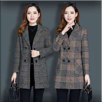 2019 metų Rudens ir žiemos drabužių naujas mados vidutinio amžiaus plius dydis moterų ilgai skyriuje mados grotelės plonas vilnonis švarkas