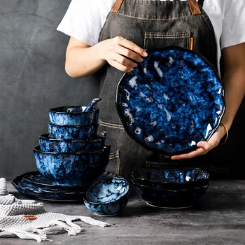 Keramikos Vakarienės Lėkštės Ir Dubenys Mėlyna Patiekalų Kūrybos Japonijos Retro Krosnies Pasikeitė Stalo Reikmenys Indai Nustatyti Plokštė Platos De Cena