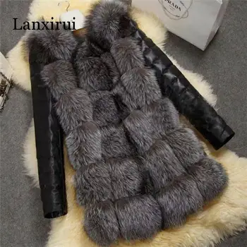 Naujas Aukštos Kokybės Aukšto Imitacija Silver Fox Fur Coat PU Rankovėmis, Šiltas žieminis Paltas Lapės Kailis Didelis Metrų Paltas