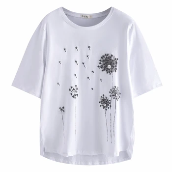2020 medvilnės gėlių spausdinti balti marškinėliai moterims 4XL prarasti vasaros top pusė rankovės grafinis tees o-kaklo marškinėlius modis tee marškinėliai femme