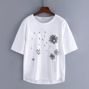 2020 medvilnės gėlių spausdinti balti marškinėliai moterims 4XL prarasti vasaros top pusė rankovės grafinis tees o-kaklo marškinėlius modis tee marškinėliai femme