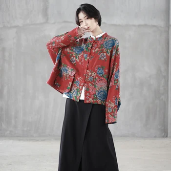 2019 metų moteris naujų vasarą ir rudenį plius dydis Kinų stiliaus megztinis didelis gėlių retro sagtis atspausdinta marškinėliai šikšnosparnių rankovėmis viršutinių drabužių siuvimas