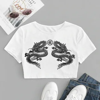 Dragon Print T-Shirt Moterims trumpomis Rankovėmis Tumblr Atsitiktinis Naujas Streetwear Hip-Hop viršūnes Harajuku Įdomus Pagrindinio Ponios Summer tee