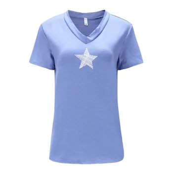 Vasarą Laisvas Atsitiktinis Marškinėliai Moterims trumpomis Rankovėmis Medvilnės Mėlyna Tee Pentagram Spausdinimo V-Kaklo Marškinėliai Viršų Moteriška T-Shirt Didelis Dydis 5XL