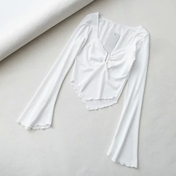 2019 Seksualus baltas pasėlių viršuje moterų ilgas rankovėmis marškinėliai kawaii korėjos marškinėliai senovinių kvadratinių apykaklės moterys viršūnes briaunoti marškinėlius streetwear