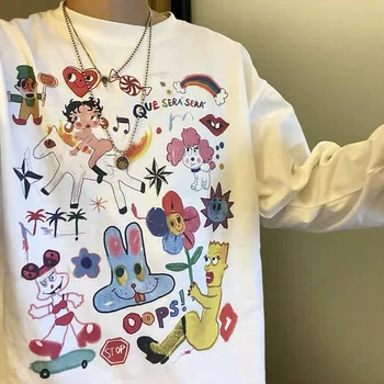 American Vintage Betty Boop Spausdinti Juokinga Unisex Negabaritinių T marškinėliai ilgomis Rankovėmis Medvilnės Grafinis Rudenį Tees Hip-Hop Riedlentė Viršų