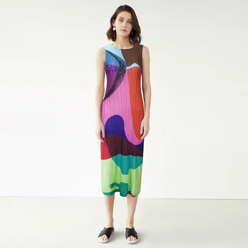 TIANPEI Miyake Plisuotos Suknelė vasaros 2020 Naujus moteriškus grafiti spausdinti suknelė plius dydis susiuvimo maišelį klubo rankovių vintage suknelė