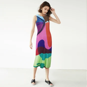 TIANPEI Miyake Plisuotos Suknelė vasaros 2020 Naujus moteriškus grafiti spausdinti suknelė plius dydis susiuvimo maišelį klubo rankovių vintage suknelė