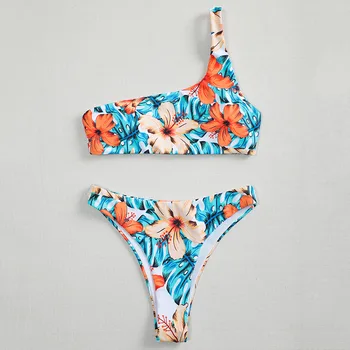 Vienos Pečių Bikini Komplektas 2021 Seksualus Spausdinti maudymosi Kostiumėliai Moterims, maudymosi kostiumėlį Aukšto Juosmens Maudymosi Kostiumas, Paplūdimio Push Up Biquini moteris