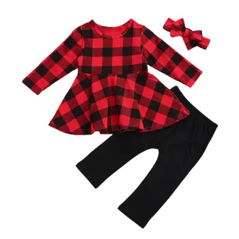 2020 Kalėdų Kūdikiams, Vaikiška Baby Girl Pledas Suknelė 3Pcs Raudona ilgomis Rankovėmis Suknelė + Kelnės + Lankelis Apranga