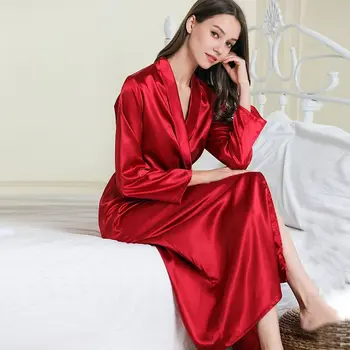 Seksualus Papildomų Ilgas Chalatas Kimono Vonia Suknelė Moterims Šilkiniai Satino Moterų Pailgino Atsitiktinis Sleepwear Pižamą Long Rankovėmis Homewear