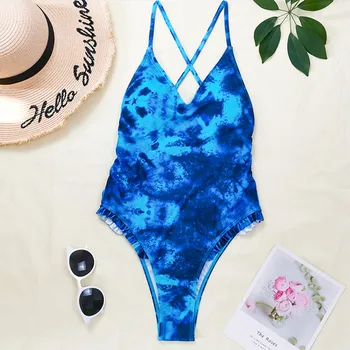 Mėlyna tie Dažai vientisas Moterų maudymosi kostiumėlį, Vasaros baseinas Paplūdimys Biquini Plaukti Kostiumas Seksualus Gilus V Moterų maudymosi Kostiumėliai, Maudymosi Kostiumą