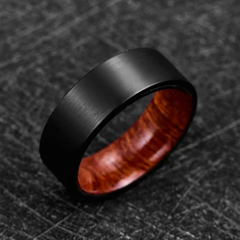 2019 Plotis 8mm Volframo Karbido Žiedas Juodo Šlifuoto Paviršiaus Medinės Vidinės Žiedo-Volframo Plieno Vestuvių Juostoje Vyrų Žiedas