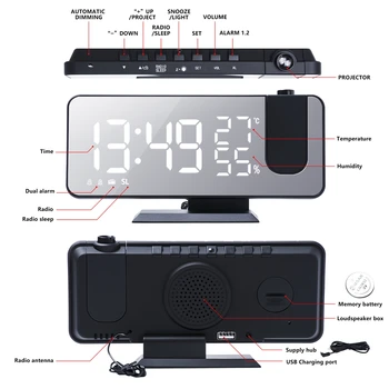 Daugiafunkcis LED Laikrodis-Žadintuvas Projektorius Lentelė Skaitmeninis Laikrodis, FM Radijas, Temperatūros, Drėgmės Ekranas Atidėjimo Funkcija