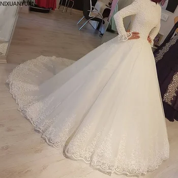2021 Balta Musulmonų Vestuvių Suknelės Princesė Aukšto Kaklo, Ilgomis Rankovėmis, Nėriniai Appliques Nuotakos Suknelės, Chalatas De Mariage