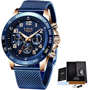 2020 LIGE Prabangos Šviesos Mens Watch Vandeniui Mėlyna Akių Diržas Kvarciniai Laikrodžiai Vyrams, Sporto Nerūdijančio Plieno Chronograph