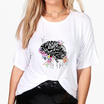 Nauji marškinėliai Moterims Ypatingas derinys, Smegenų ir Gėlių Grafinis Spausdinti marškinėliai Negabaritinių Prarasti Apvalios Apykaklės Atsitiktinis Marškinėlius