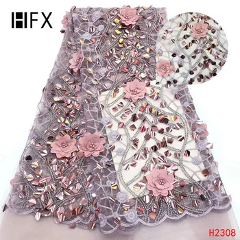 HFX Afrikos Nėrinių Audinio 2019 Aukštos Kokybės 3D gėlių Blizgančiais prancūzijos, Nigerijos Karoliukai Nėrinių Audinys, Siuvinėjimo Vestuvių suknelė H2308