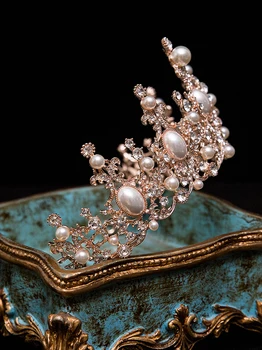 HIMSTORY Elegancija Rose Gold Perlų Vestuvių Vainikėliai Headpieces Nuotakos Rožančiai Kaspinai Vestuvių Plaukų Aksesuaras Prom Šukuosena
