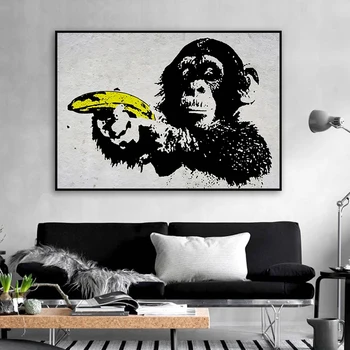 Juokinga Beždžionė Plakatai ir Spausdina Beždžionė Laikymo Bananų Ginklą Drobės Tapybos Bankai Sienos Menas Drobė Nuotrauką Šiuolaikinio Namų Dekoro Freskos