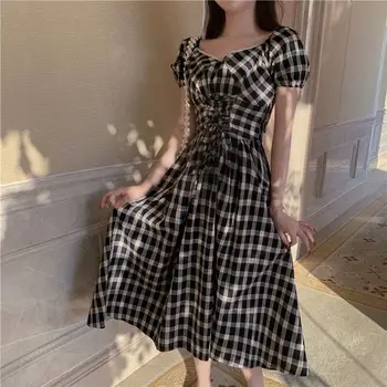 2020 M., Retro Dizainas, Vintage Suknelės Karšto Pardavimo Moterų Korėjos, Japonijos Flhjlwoc Stiliaus Vasaros Linijos Peteliškę Plaid Marškinėliai Suknelė 4803