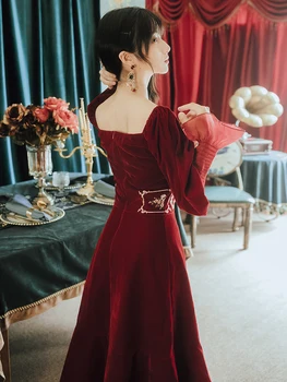 YAMDI kietas raudonosios aikštės apykaklės-line derliaus pavasario elegantiškas kokteilis ilgai žibintų rankovės 2020 m. šalies midi suknelė moterims boho dres