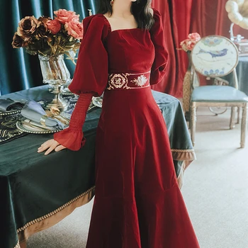 YAMDI kietas raudonosios aikštės apykaklės-line derliaus pavasario elegantiškas kokteilis ilgai žibintų rankovės 2020 m. šalies midi suknelė moterims boho dres