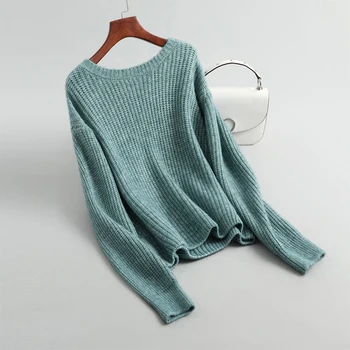 Rudenį ir žiemą moterų atsitiktinis megztinis vientisų spalvų apvalios kaklo, ilgomis rankovėmis storas megztinis