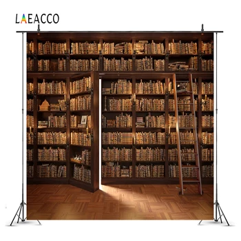 Laeacco Bibliotekos Senų Medinių Lentynoje Knygas Kopėčių Vaikas Studijų Portretinės Fotografijos Fone Fotografijos Fonas Foto Studija