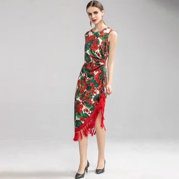 SEQINYY Vintage Suknelė 2020 M. Vasarą, Pavasarį, Naujų Mados Dizaino Moterų Raudona hydrangea Gėlių Spausdinti Kutas Nesimetriškas Vest Slim Suknelė