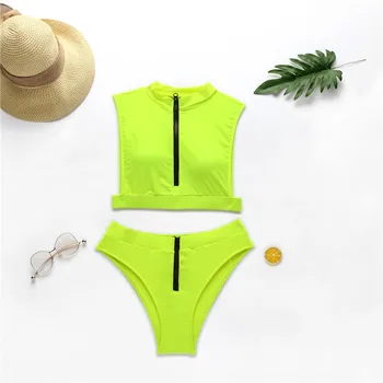 Stebėjimo Aukšto Kaklo Sportiškas maudymosi kostiumėlį, Zip-up Dviejų dalių Maudymosi 2020 M. Moteris Waisted Plaukimo Kostiumas Besimaudančių Sporto Paplūdimio