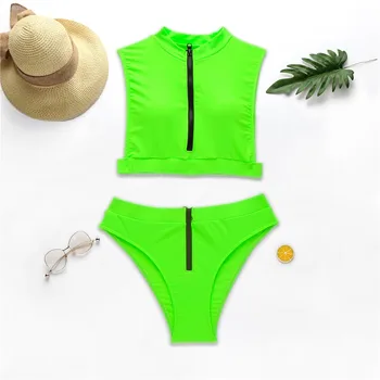Stebėjimo Aukšto Kaklo Sportiškas maudymosi kostiumėlį, Zip-up Dviejų dalių Maudymosi 2020 M. Moteris Waisted Plaukimo Kostiumas Besimaudančių Sporto Paplūdimio